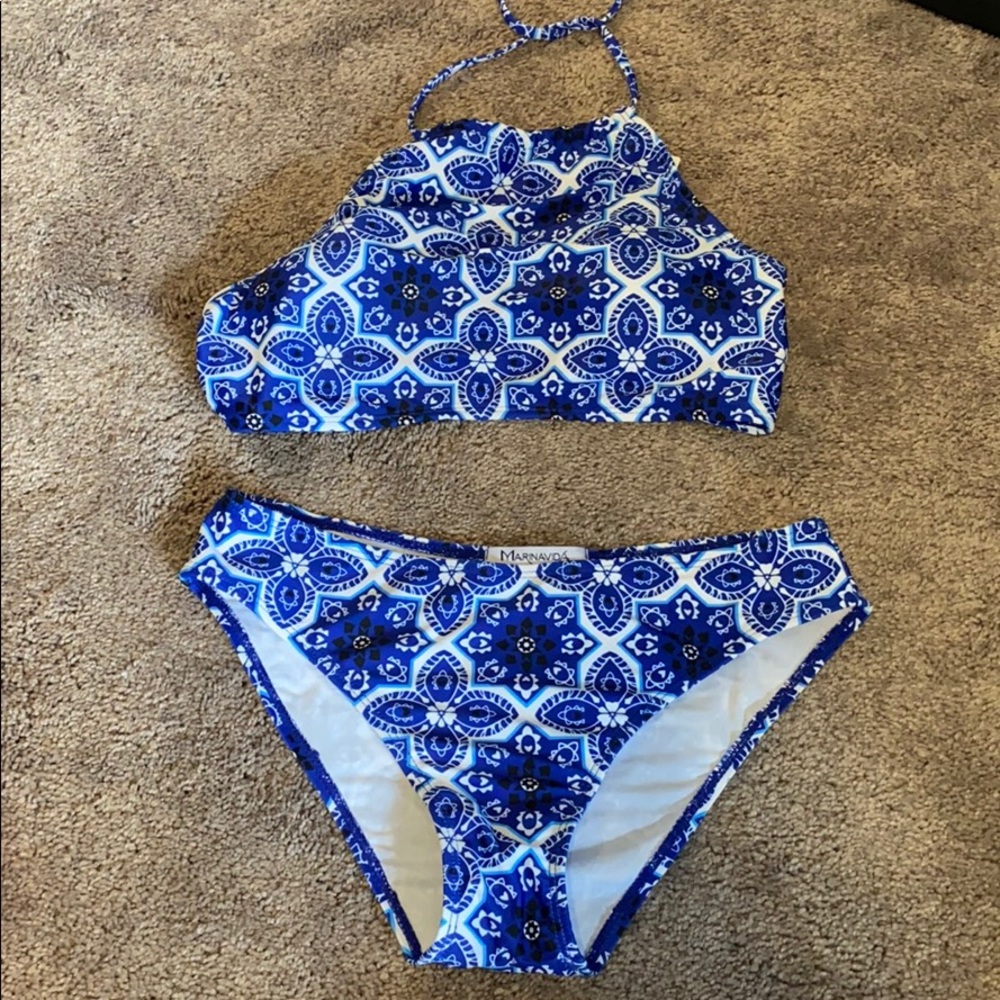 Blue and white woman’s bikini